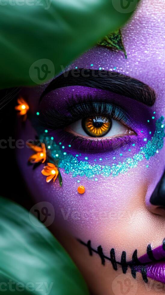 Detailed close-up of vibrant face paint and eye. Close-up of a colorful face with intricate designs, framed by lush greenery. photo