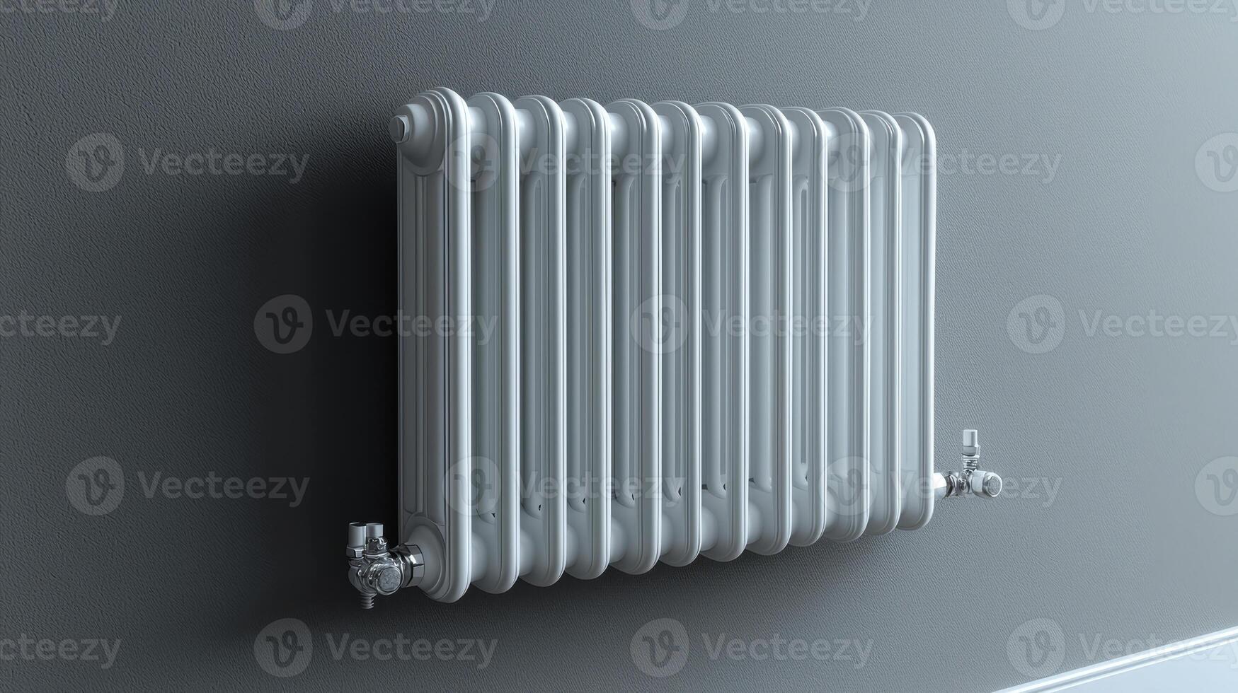 Stylish metal radiator mounted on a wall. A sleek metal radiator is mounted on a gray wall, providing warmth and a modern aesthetic to the space. photo