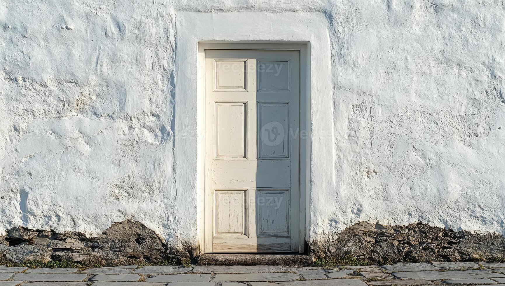 Simple white door on textured stone wall. A weathered white door stands against a textured stone wall in bright daylight, creating a charming, rustic feel. photo
