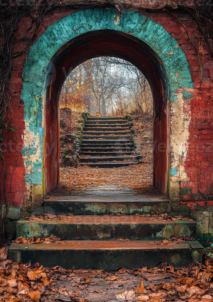 Archway leading to steps in a wooded area. An archway frames a staircase in a lush forest during autumn, surrounded by fallen leaves and a serene atmosphere. photo