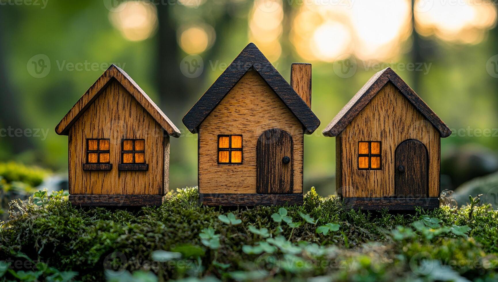 Wooden houses illuminated in a forest setting. Three wooden toy houses glow warmly amidst lush greenery, capturing the essence of a magical forest atmosphere. photo