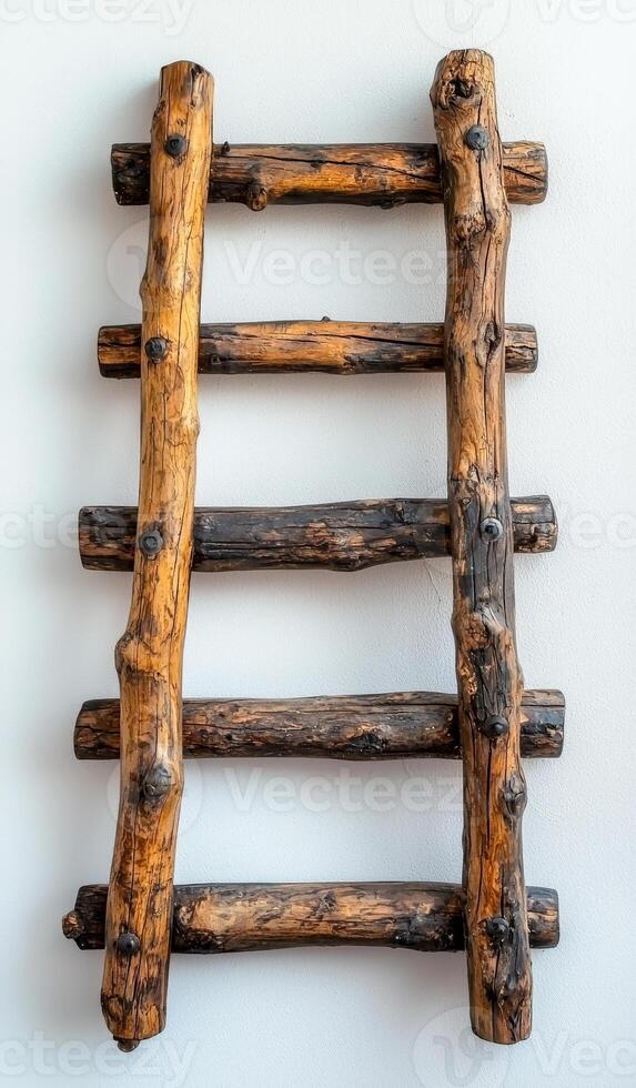 Rustic wooden ladder displayed against a wall. A handcrafted wooden ladder on the wall highlights its unique design and natural texture for decoration. photo