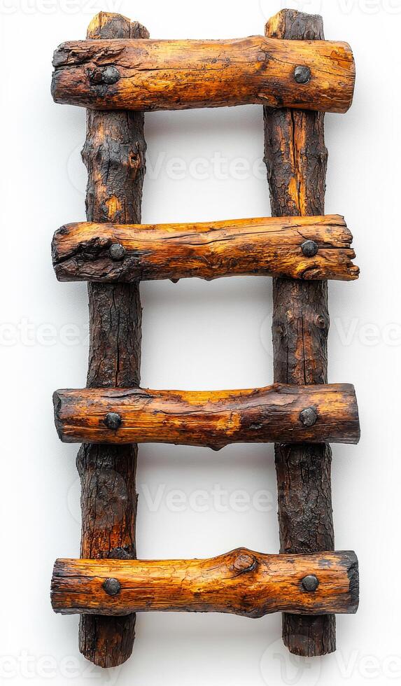 Rustic wooden ladder crafted from natural logs. A rustic wooden ladder features unique textures and earthy colors set against a white background. photo