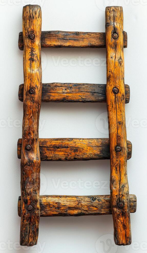 Wooden ladder display with rustic charm on wall. A rustic wooden ladder rests against a white wall, showcasing its unique texture and natural finish. photo