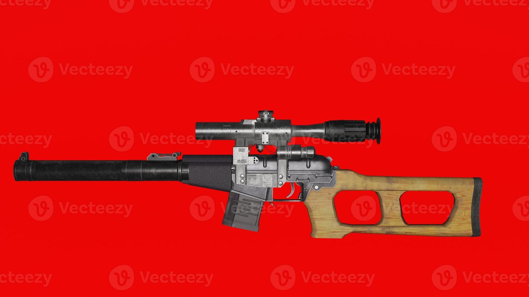 A gun with a scope on it against a red background photo