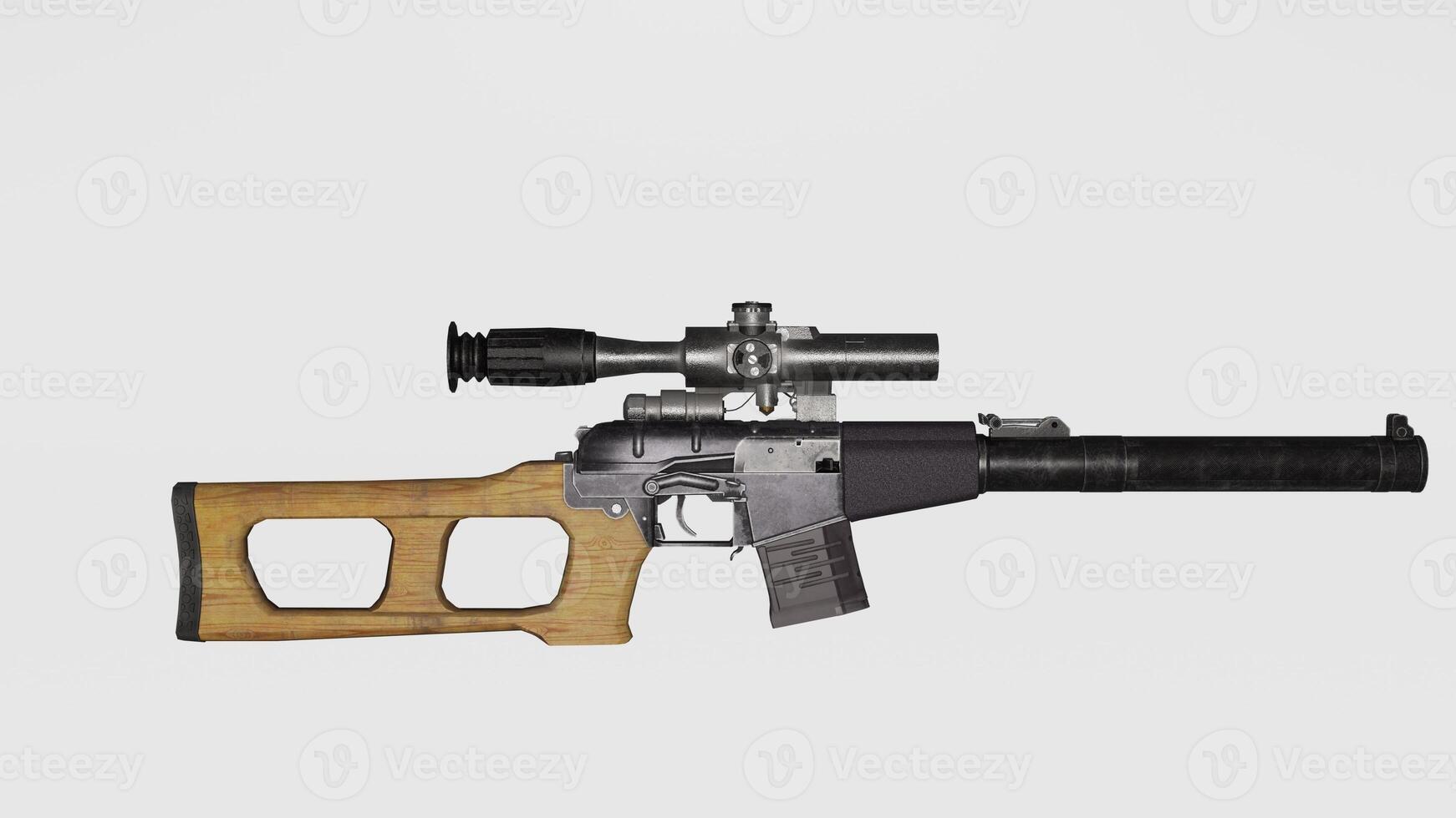 A gun with a scope and a wooden stock photo