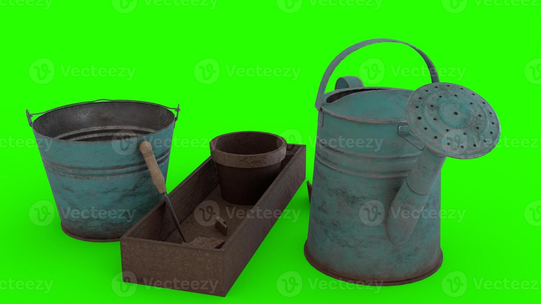 garden equipment set with green background photo