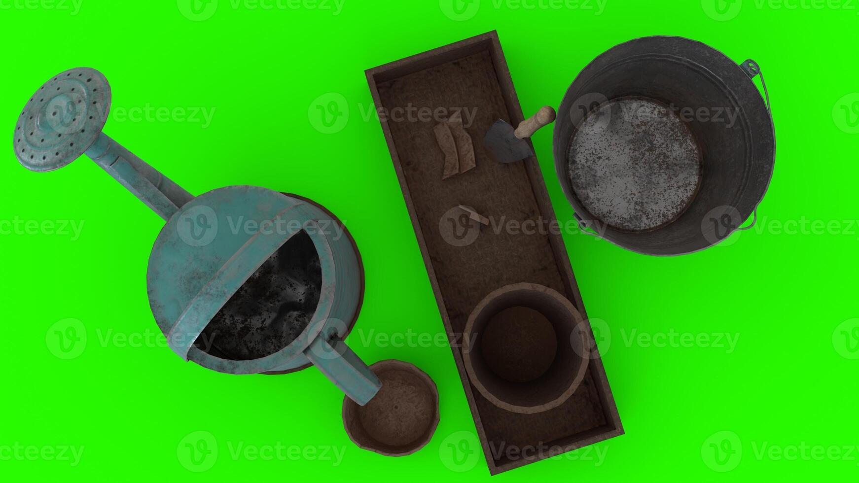 garden equipment set with green background photo
