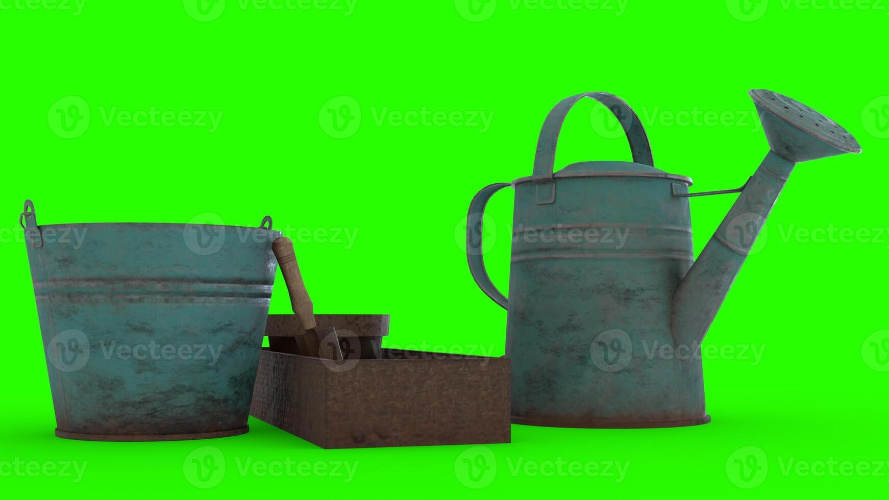 garden equipment set with green background photo