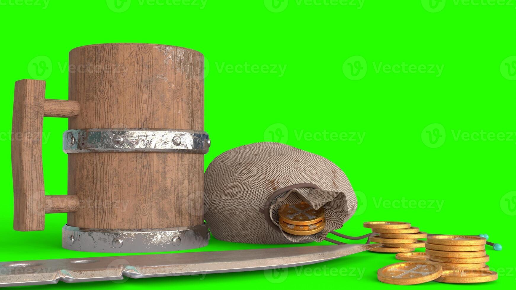 golden coin and wine mug with green background photo