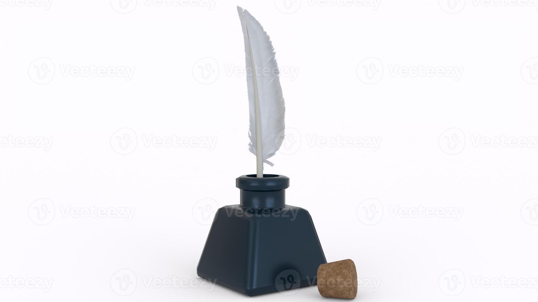 ink bottle with feather and cork with white background photo