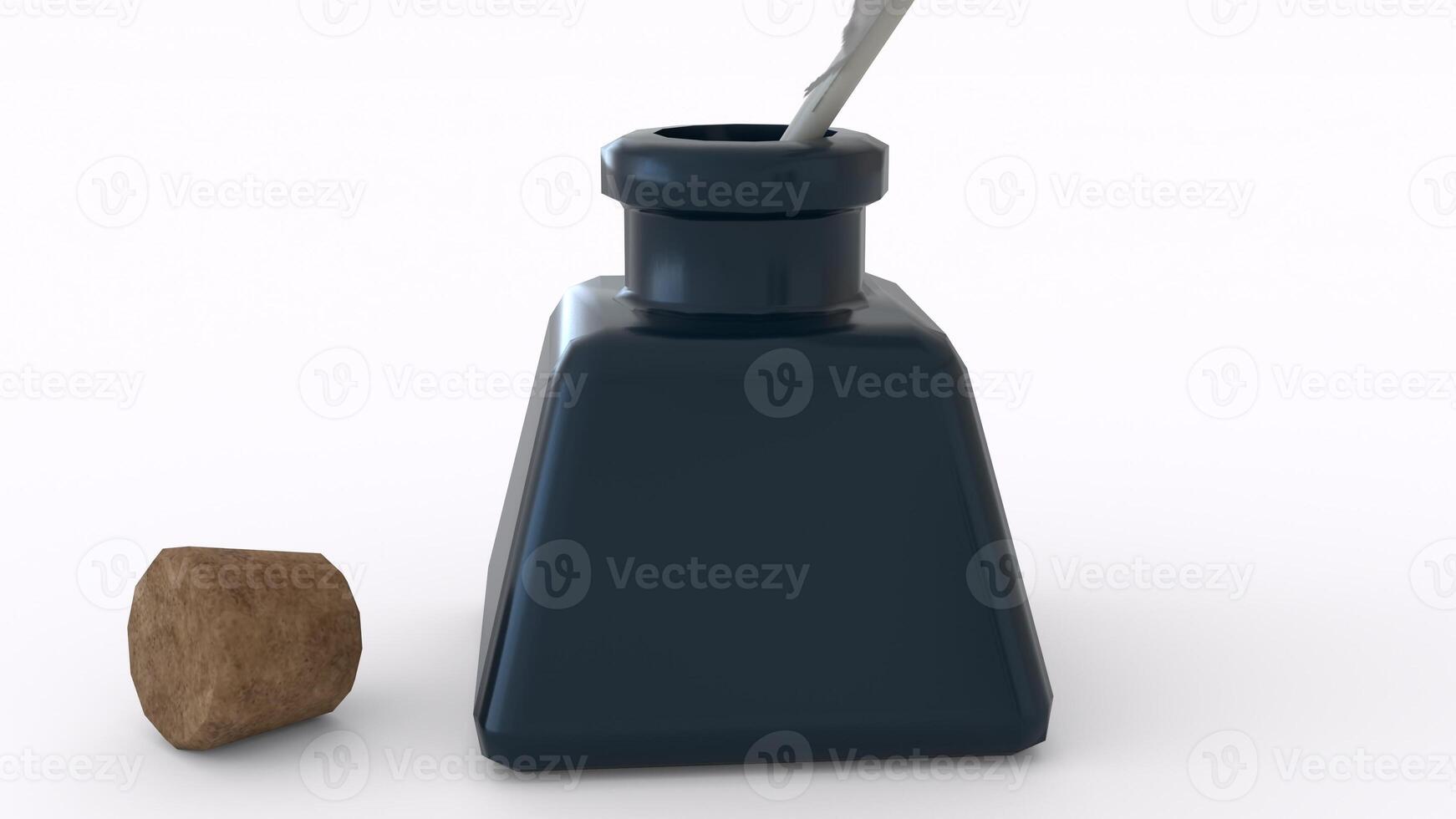 ink bottle with feather and cork with white background photo