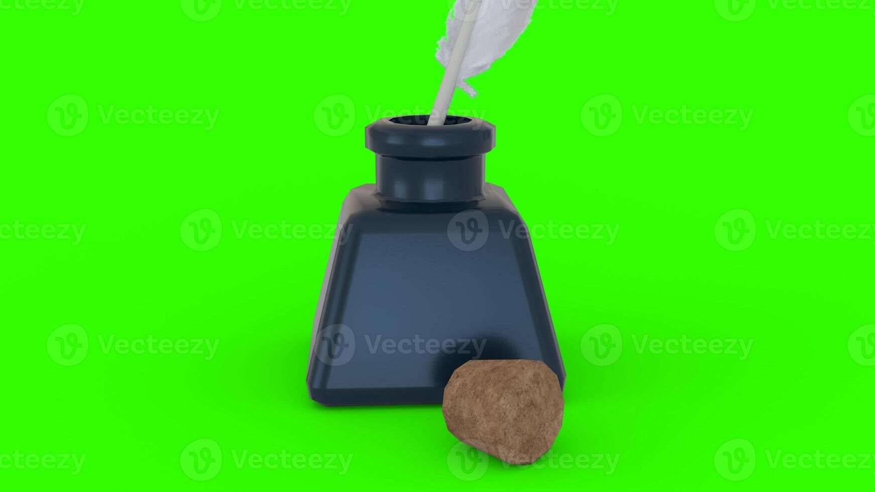 ink bottle with feather and cork with green background photo