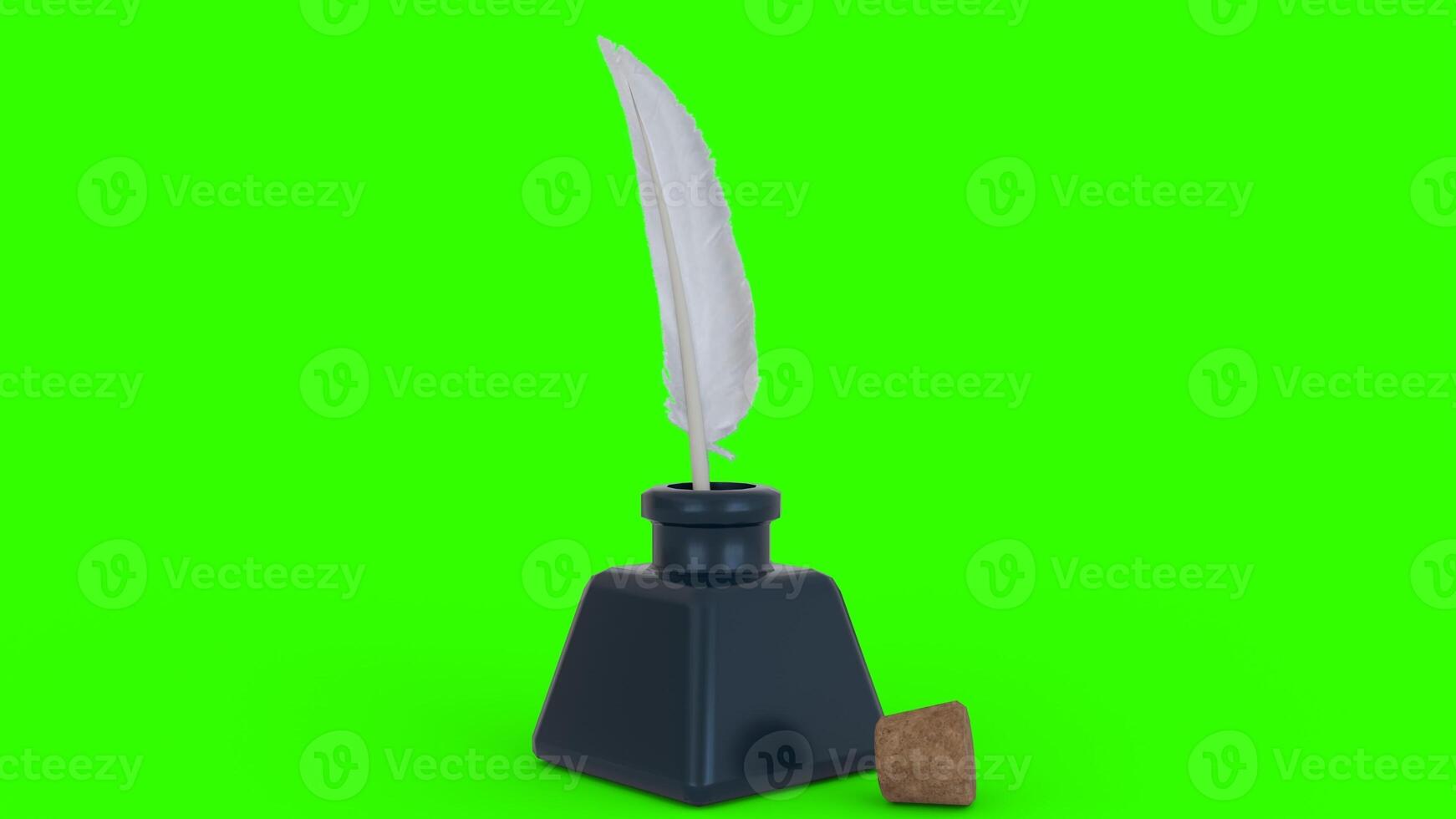 ink bottle with feather and cork with green background photo