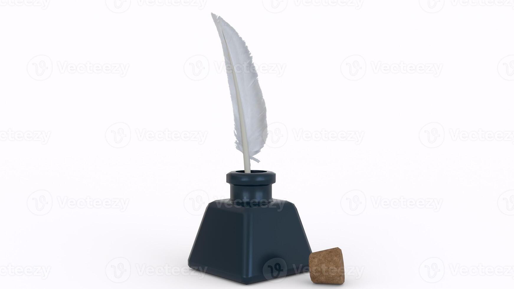 ink bottle with feather and cork with white background photo