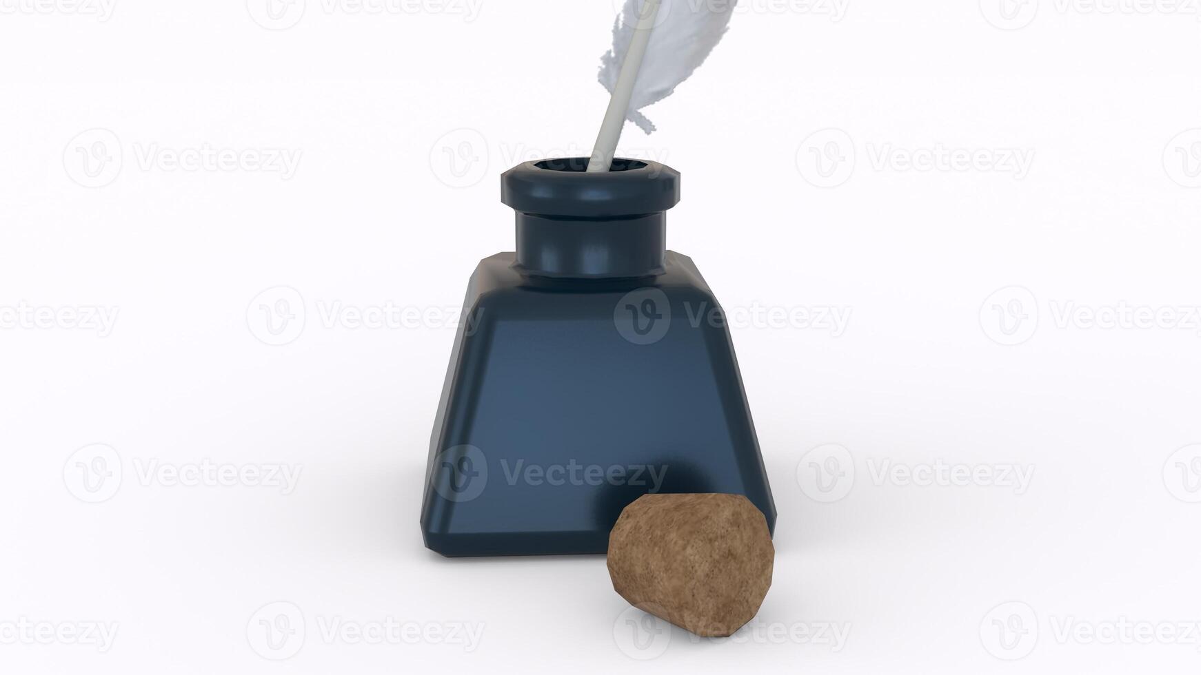 ink bottle with feather and cork with white background photo