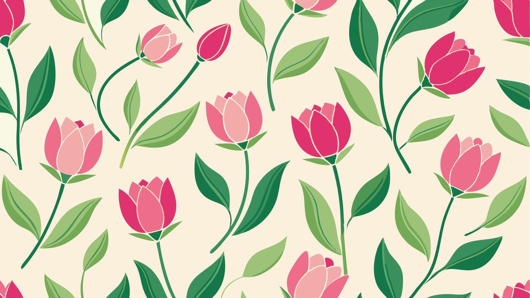 a pattern with pink tulips and green leaves vector