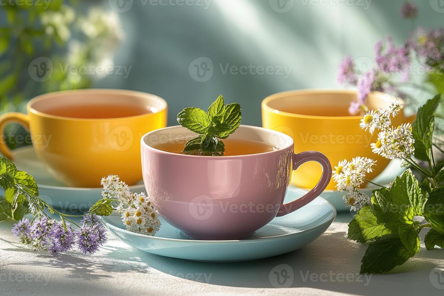 Herbal tea with fresh mint leaves enjoying sunlight on table photo
