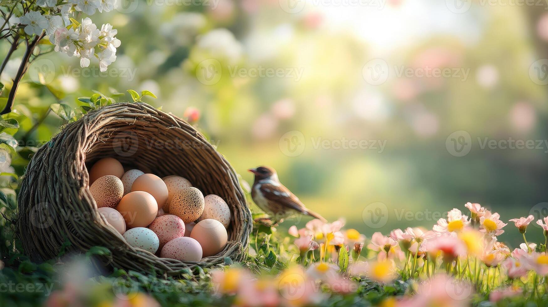 Two robins admiring easter eggs in nest during spring sunrise photo