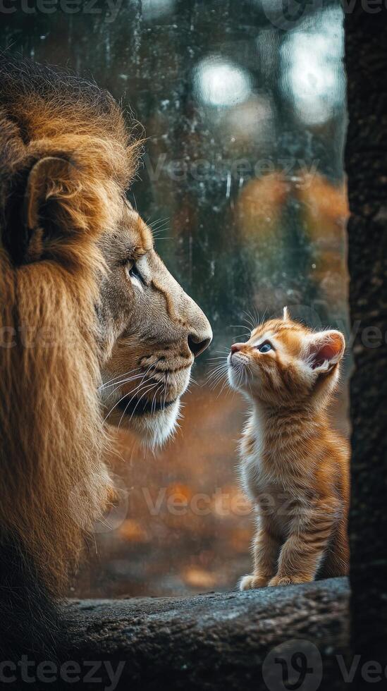 Majestic lion meeting tiny kitten through glass in zoo photo