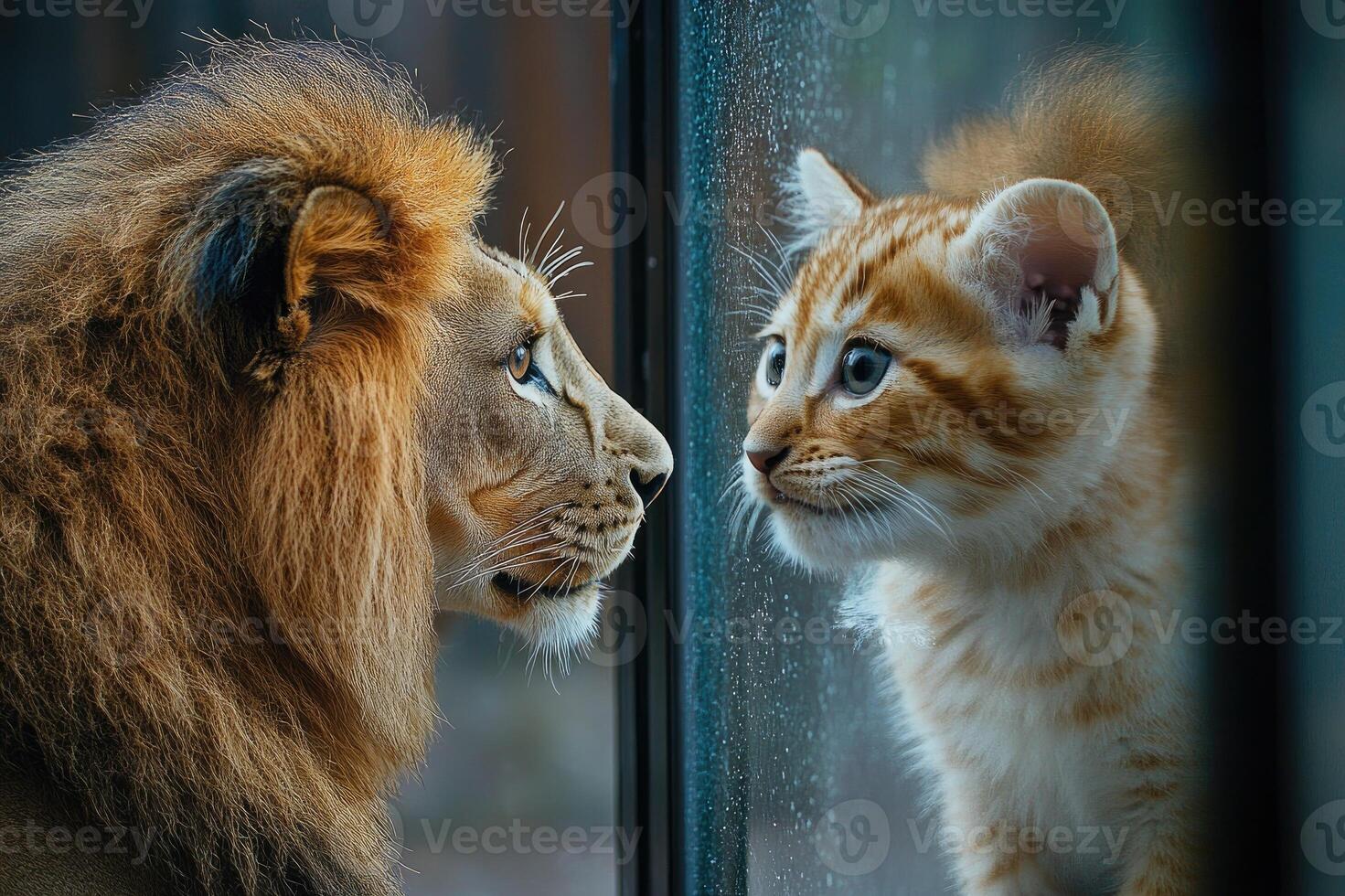 Lion and kitten looking at each other through a rainy window photo