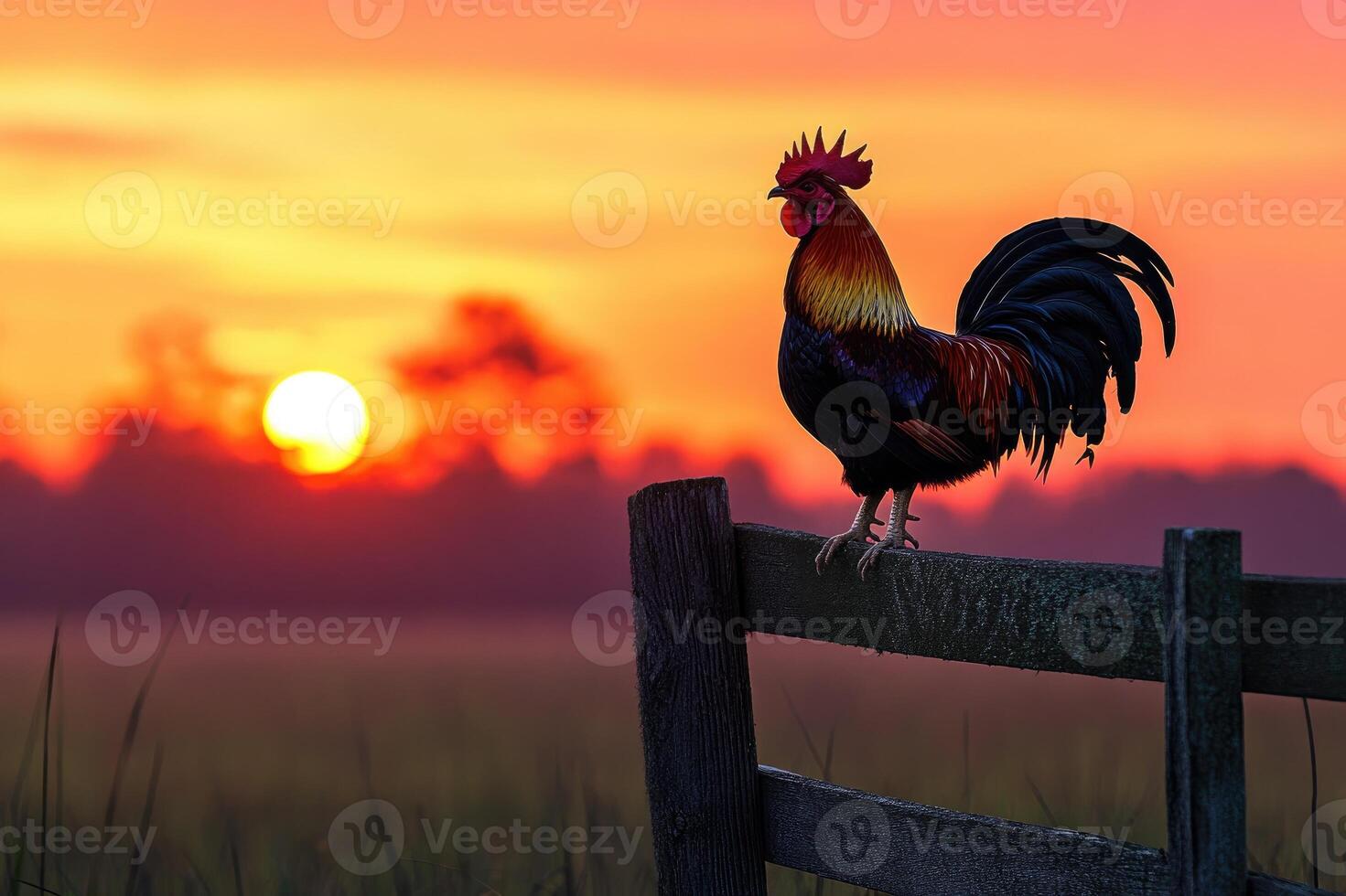Rooster crowing at sunrise on a fence in a farm photo