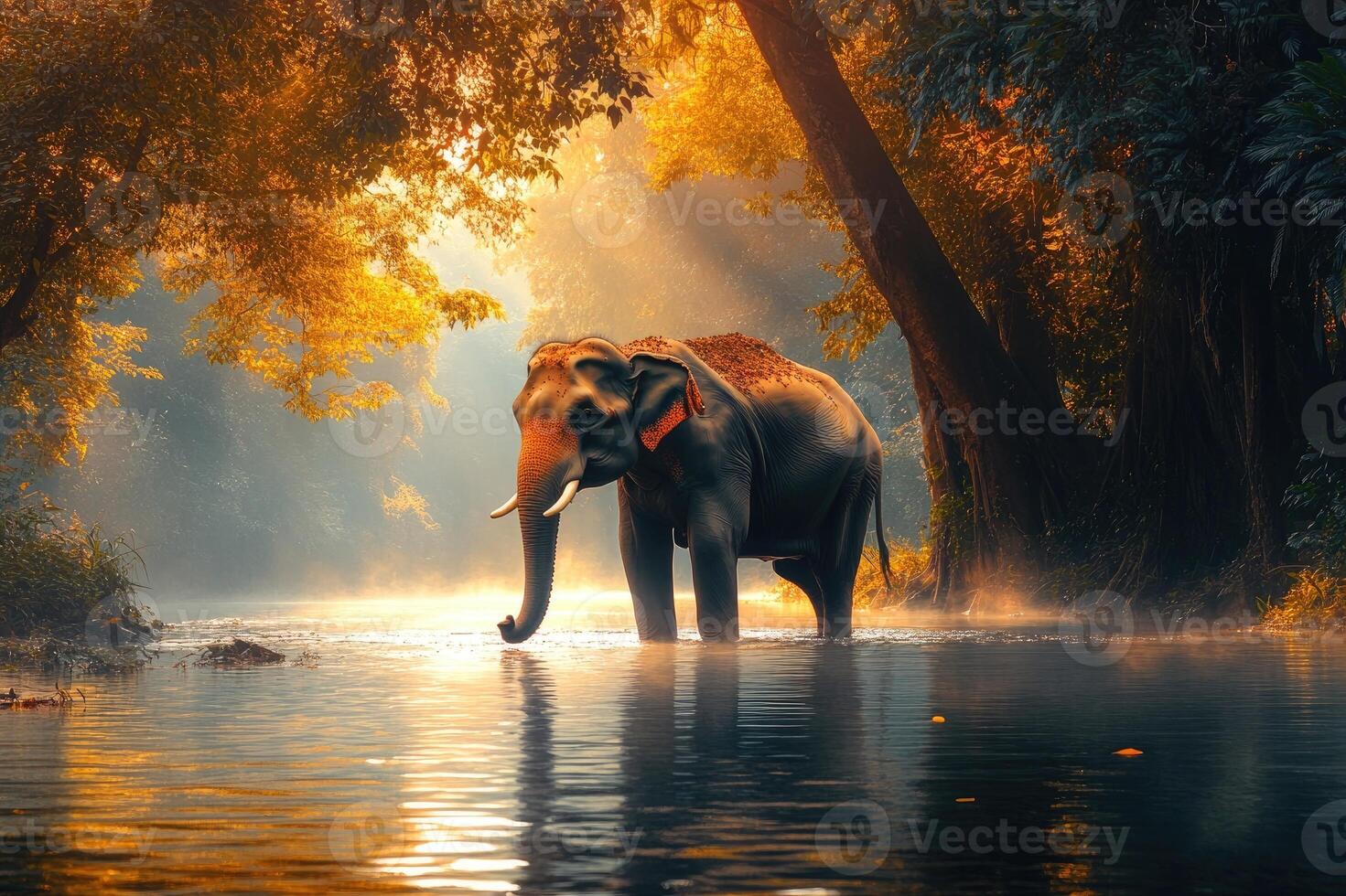 Majestic elephant cooling down in a river at sunset in the jungle photo