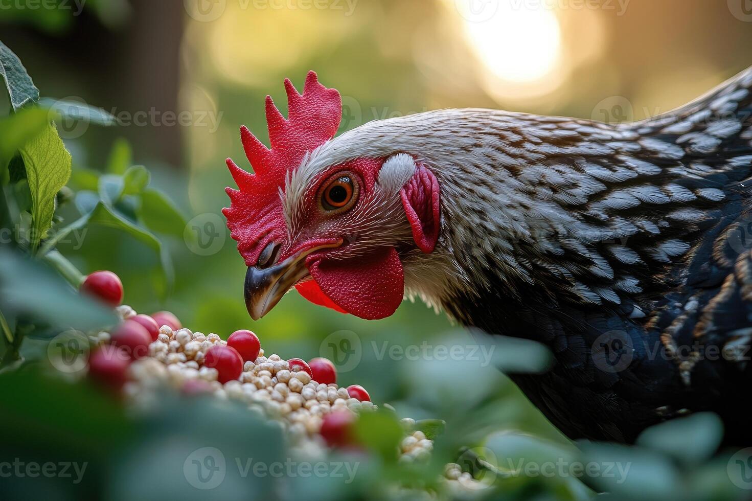 Chicken eating seeds and berries in nature at sunset photo
