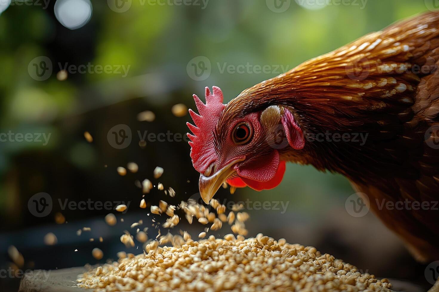 Brown hen pecking grains in the farm photo