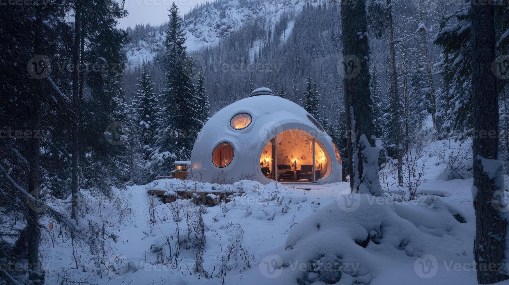 Futuristic Igloo Shaped House Illuminating Snowy Woods At Dusk 53743273 Futuristic Igloo Shaped House Illuminating Snowy Woods At Dusk Photo