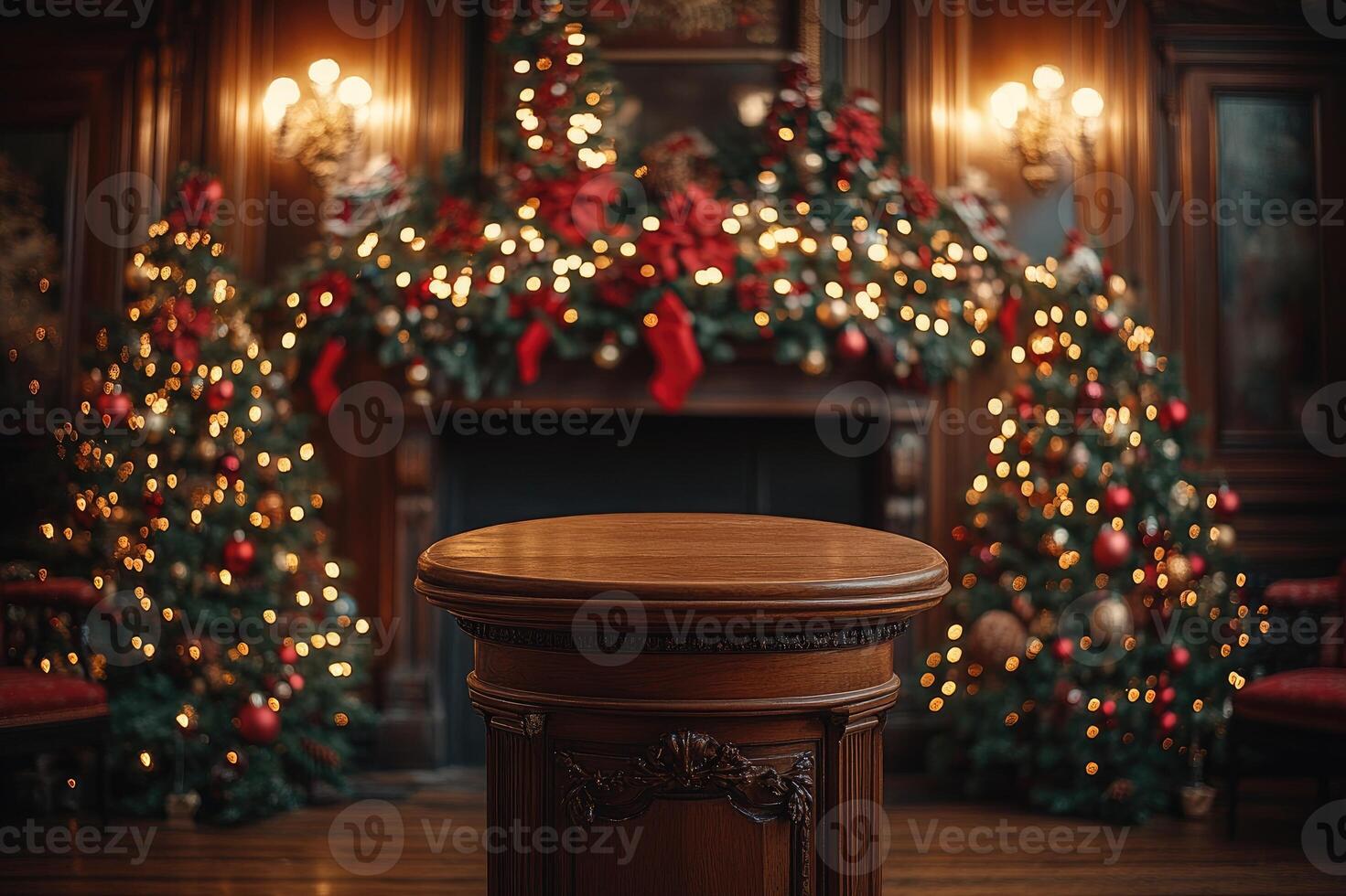 Round wooden table displaying christmas products in blurred living room photo