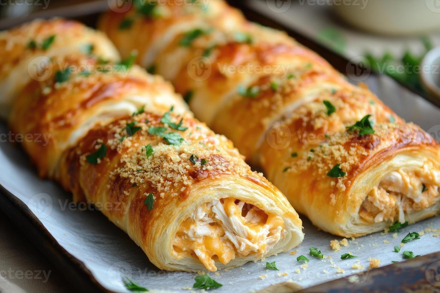 Delicious puff pastry bundles with chicken and cheese filling, sprinkled with grated parmesan and parsley photo