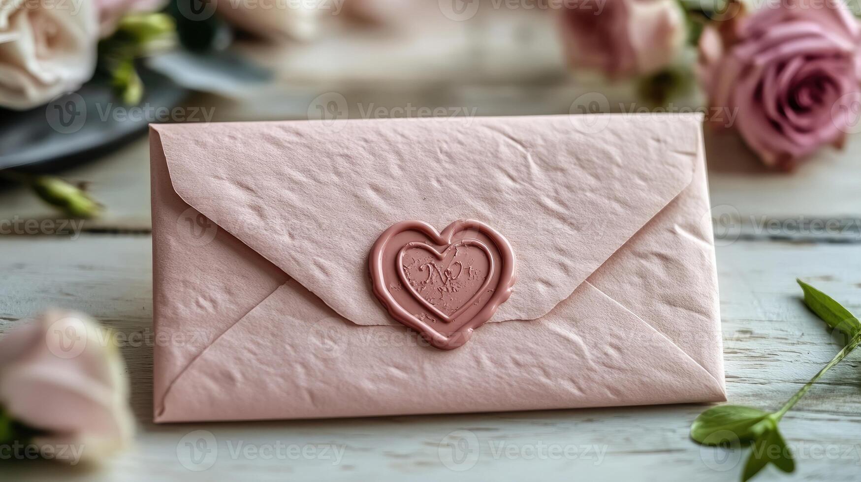 Pink envelope sealed with red heart representing love and affection on marble background photo