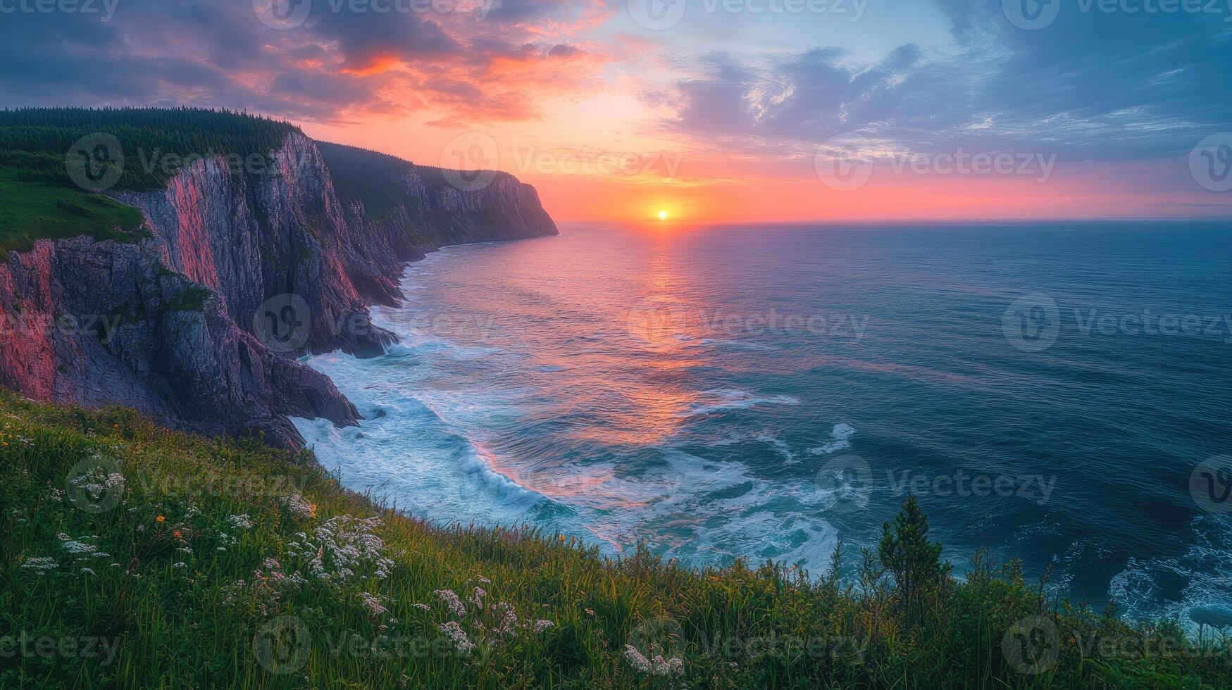 Sunrise illuminating rugged cliffs and atlantic ocean on cape breton island, nova scotia, canada photo