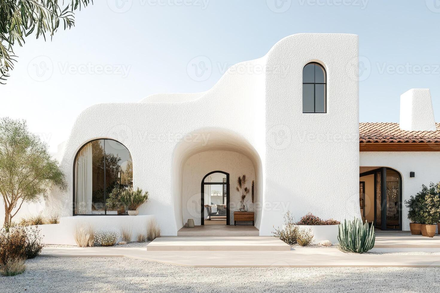 Modern white stucco house exterior with arched entryway and windows showcasing desert landscaping photo