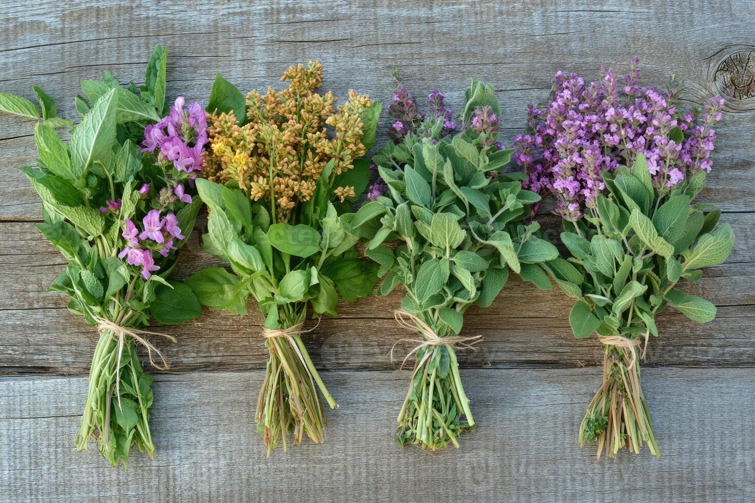 Freshly picked bunches of herbs lying on rustic wooden table photo