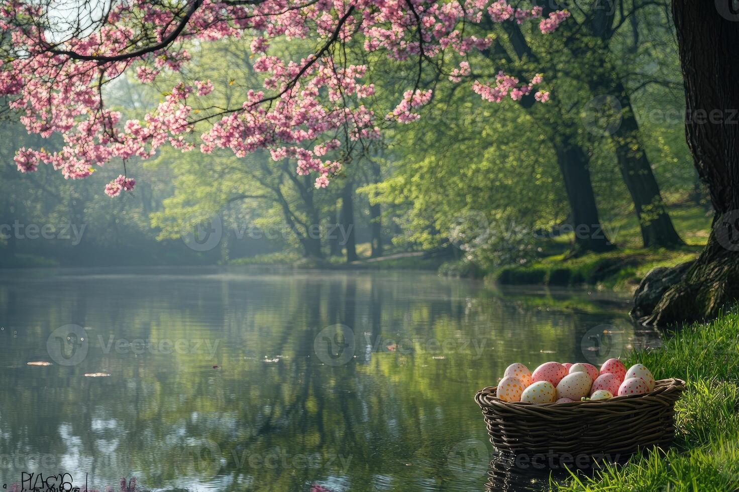 Easter eggs in basket floating on pond under cherry blossoms in bloom photo