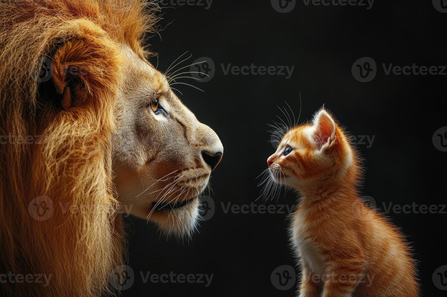 Majestic lion and adorable kitten sharing a moment of connection photo