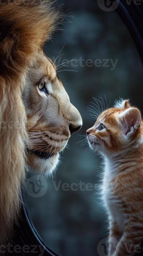 Majestic lion and adorable kitten sharing a tender moment of connection photo
