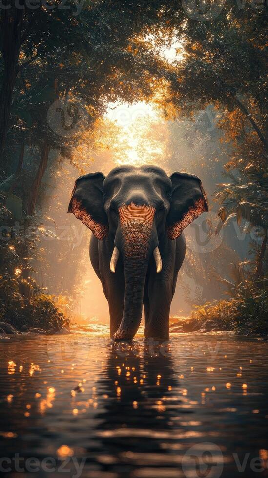 Majestic elephant cooling down in a river at sunset in the jungle photo