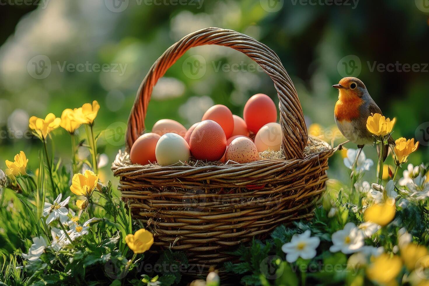 Small birds sitting near wicker basket full of eggs in spring meadow photo