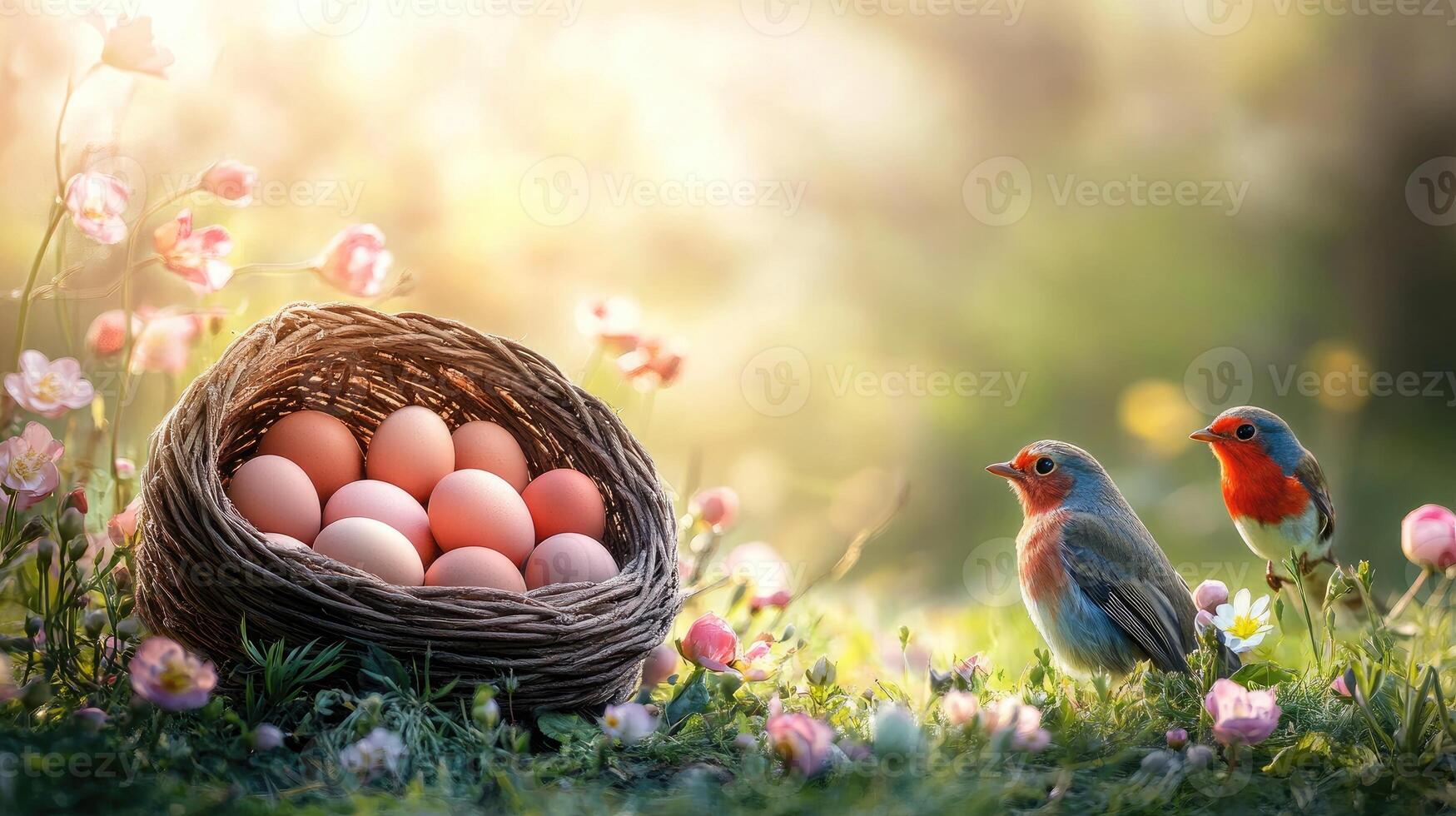 Two robins admiring easter eggs in nest during spring sunrise photo