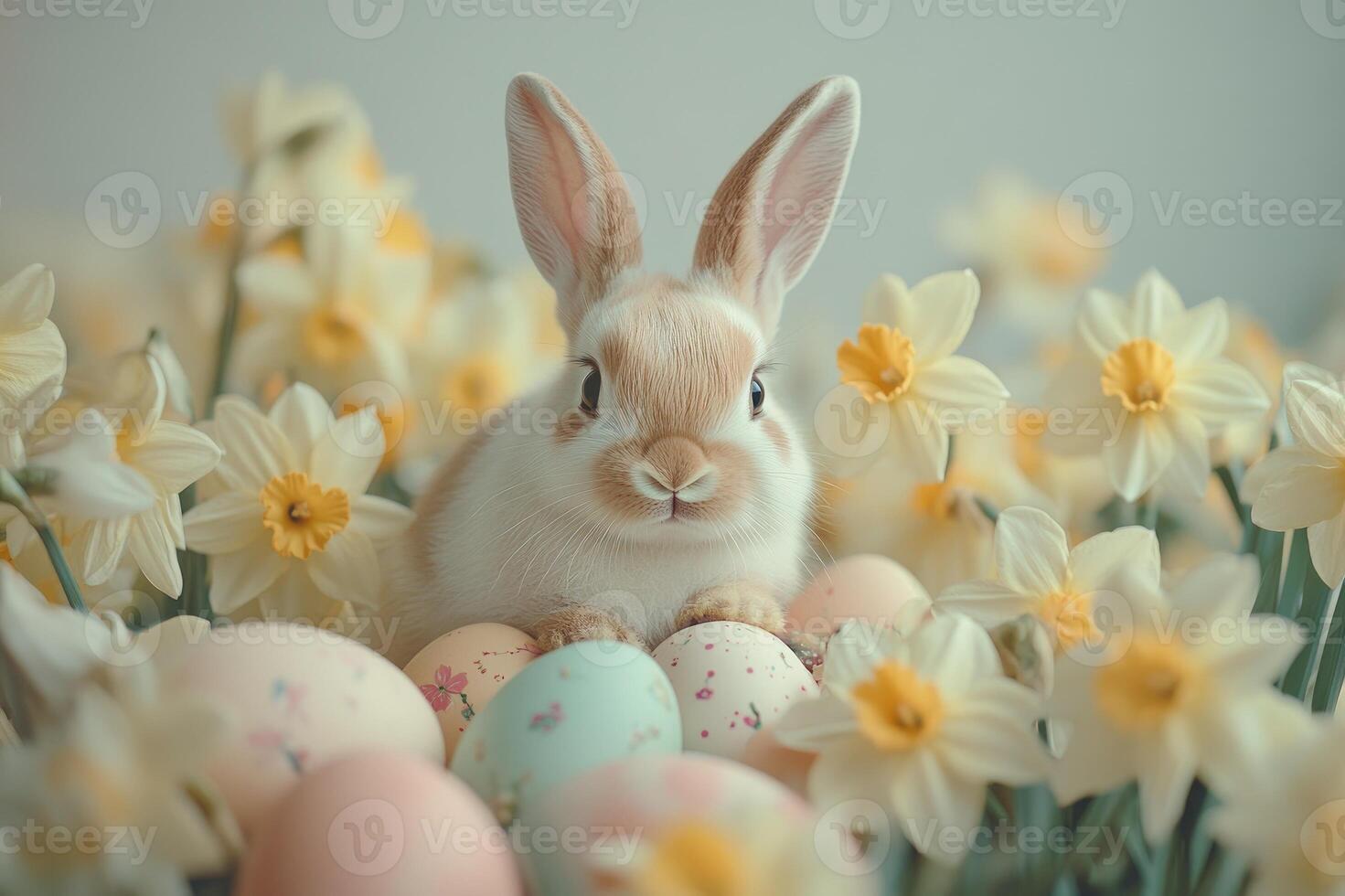 Easter bunny sitting in daffodils with colorful eggs photo