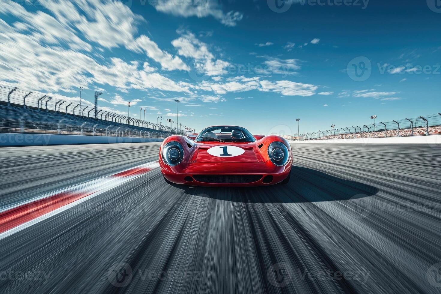 Red racing car speeding on a racetrack under a cloudy sky photo