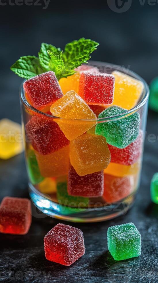 Colorful jelly candies garnished with mint leaves in a glass bowl photo