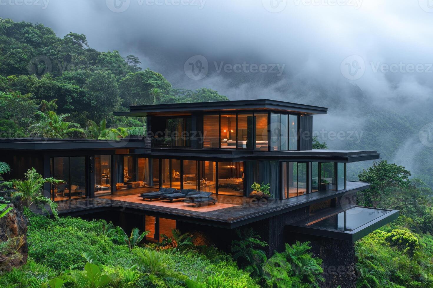 Luxurious sustainable house glowing in the misty jungle at dusk photo