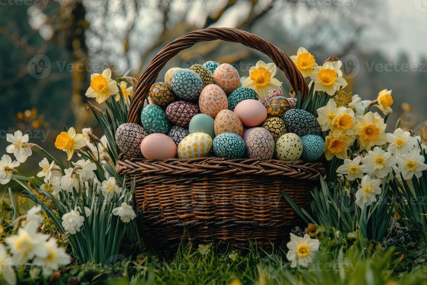Easter eggs and daffodils celebrating the arrival of spring in a wicker basket photo