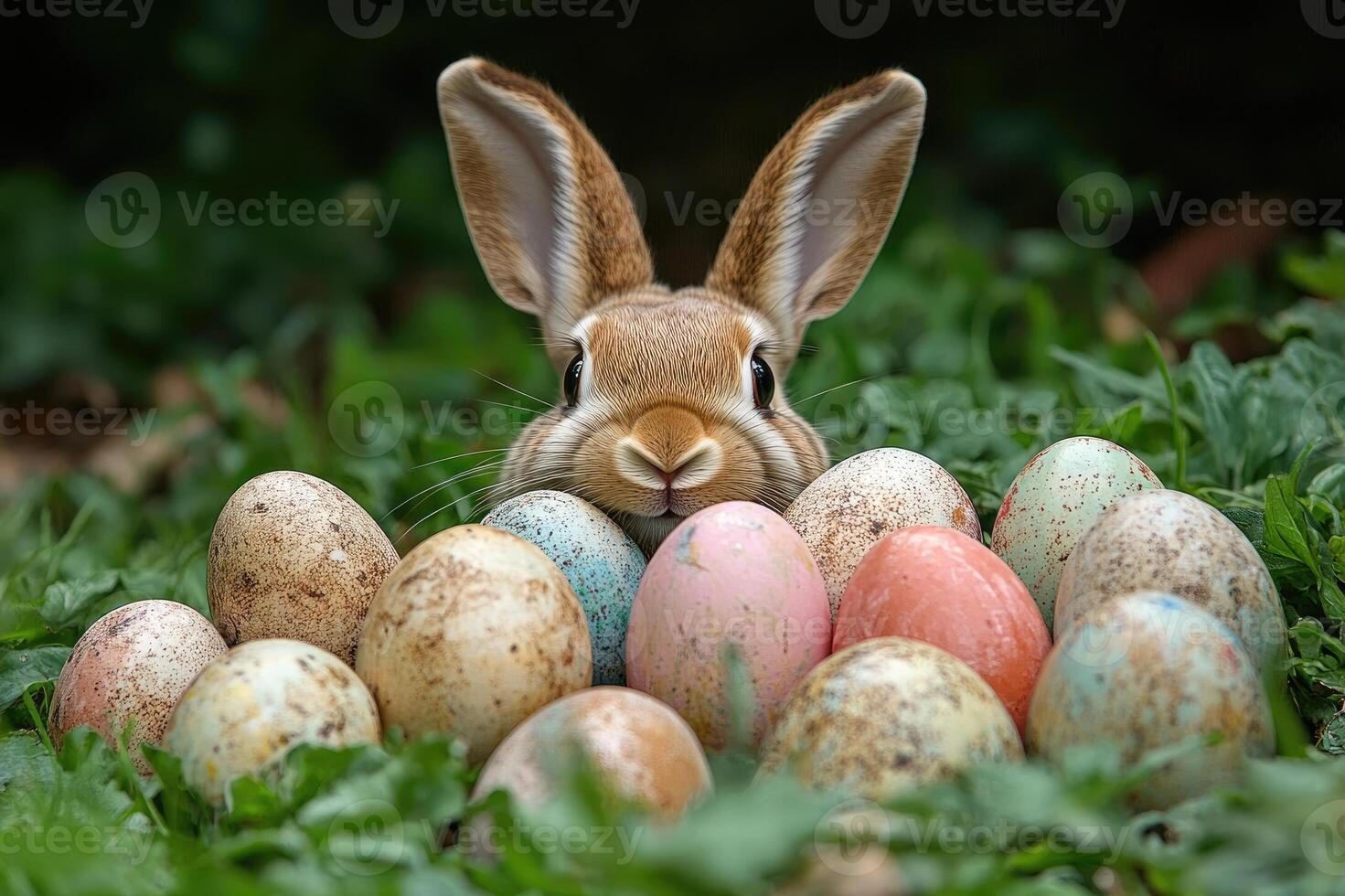 Easter bunny hiding behind colorful easter eggs in green grass photo