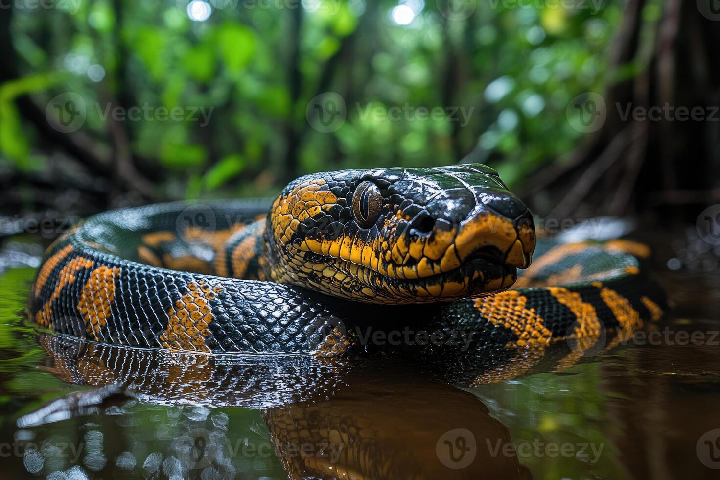 Colorful anaconda resting in swamp water in a tropical rainforest photo