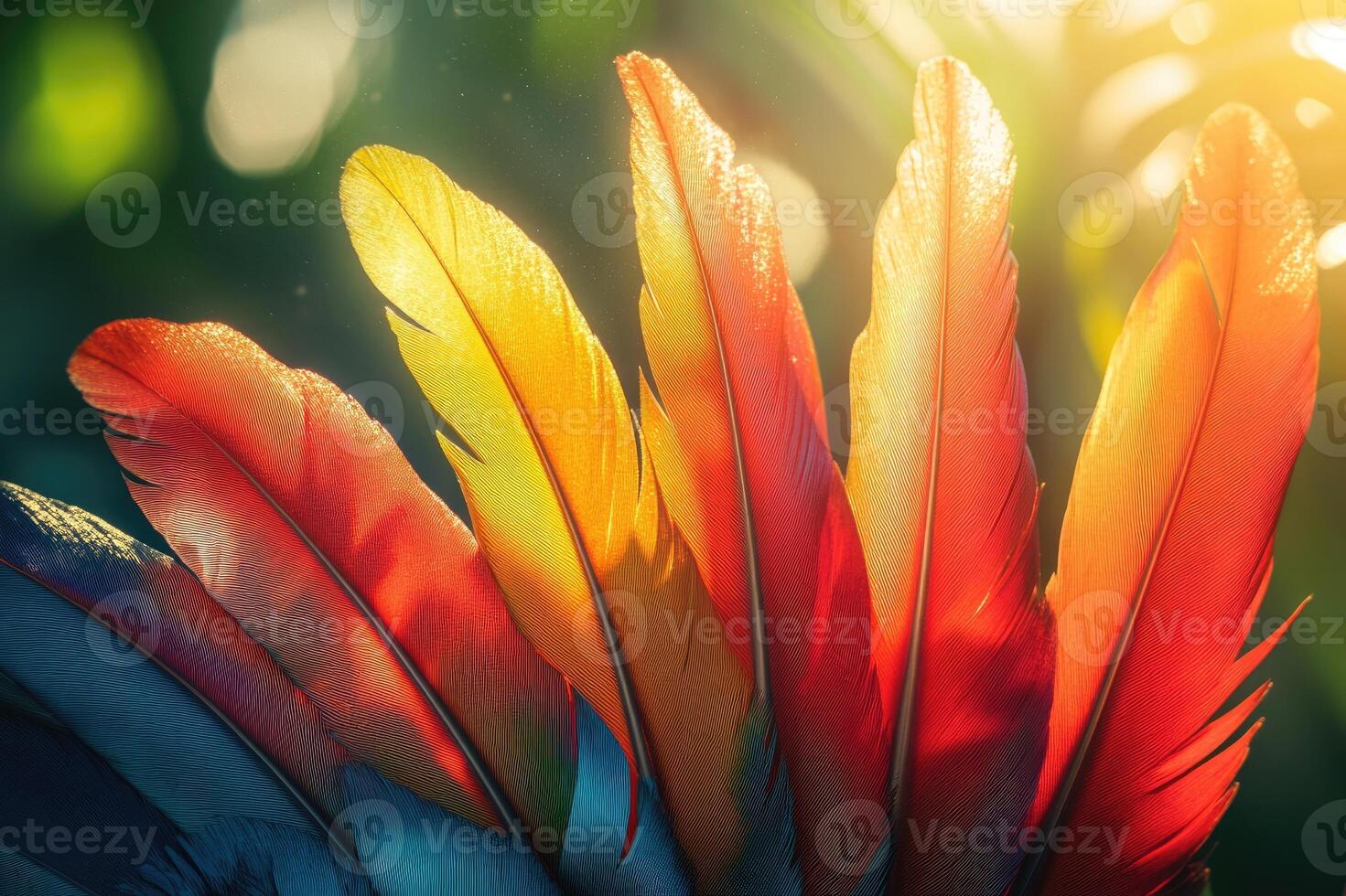 Colorful feathers glowing in bright sunlight with bokeh effect photo